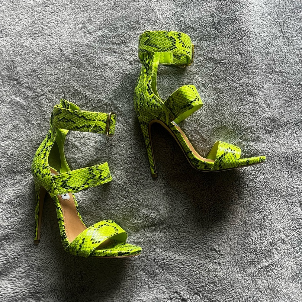 Steve Madden Neon Green Snake-Print Strappy High Heels